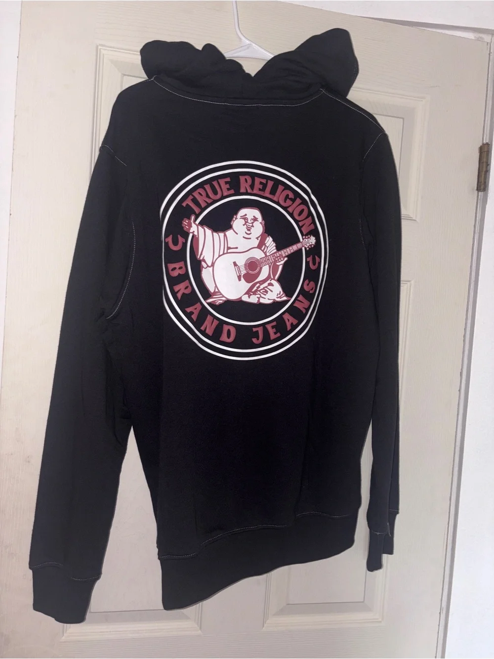 True Religion Men's Large Black Zip-Up Hoodie with White Horseshoe Logo